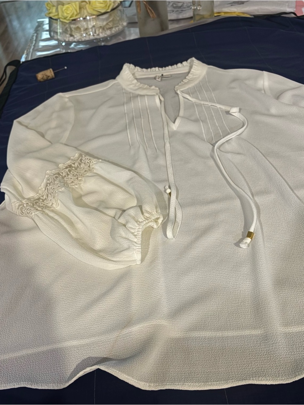 Cato Ivory Tie-Neck Blouse with Pintuck and Lace Trim